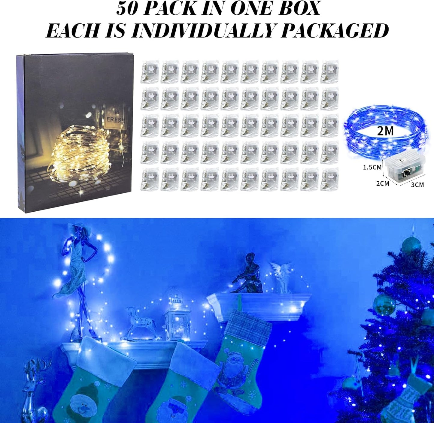 ZGWJ 50 Pack Fairy Lights Battery Operated, 7ft 20 Mini LED Fairy String Lights Silver Wire 3 Modes for DIY, Parties, Wedding, Bedroom, Halloween Christmas Decoration Blue