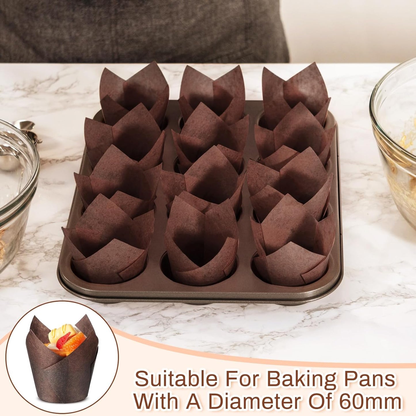 300 Pcs Jumbo Muffin Liners for Baking 2-1/4" x 4" Large Tulip Cupcake Liners Greaseproof Cupcake Wrapper Paper for Weddings Birthday Christmas Anniversaries Party (Brown)