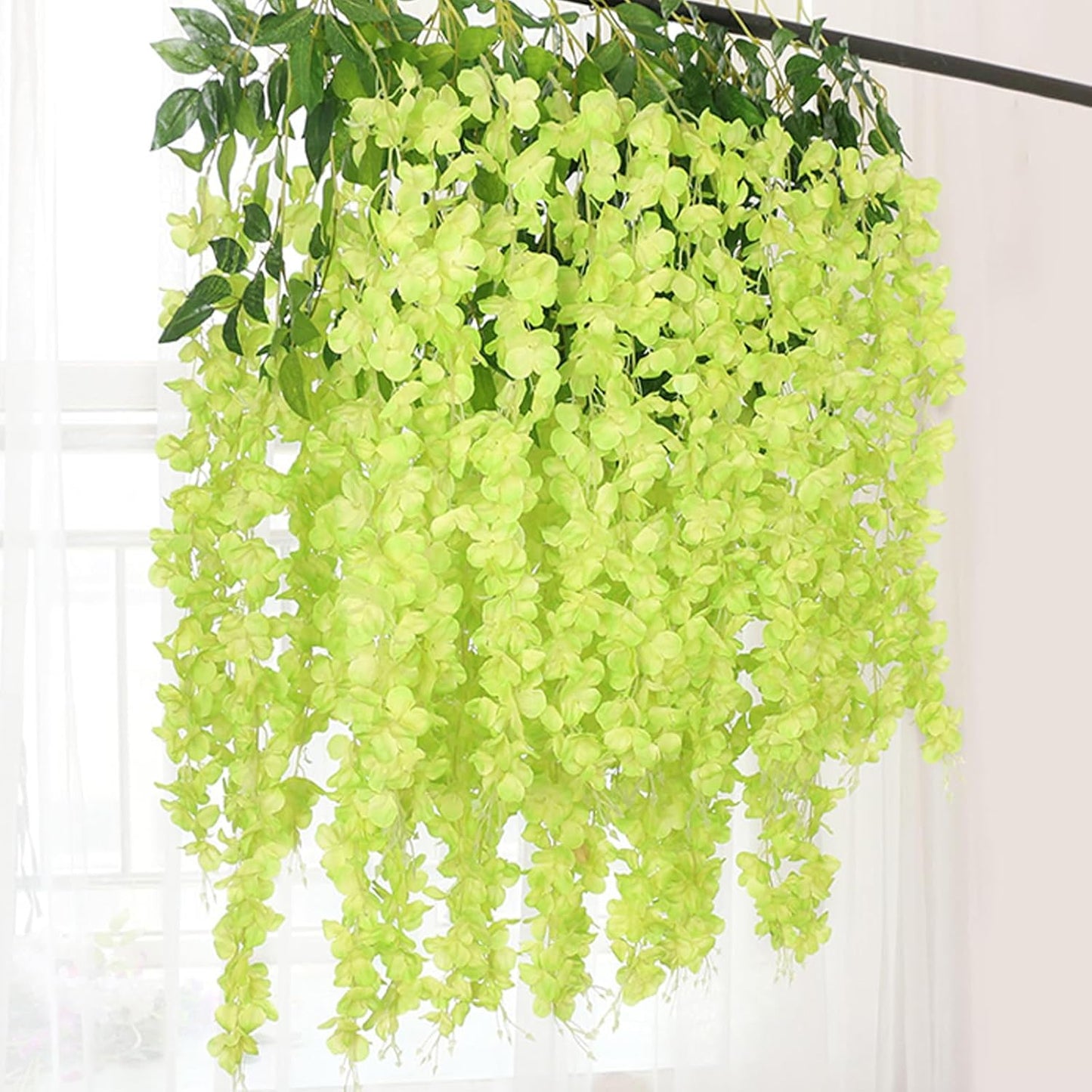 24 Pack Green Wisteria Hanging Flowers Garland, 3.77 Feet Artificial Flower Vines, Fake Wisteria, Artificial Vines Hanging Garland for Backdrop Outdoor Yard Garden Decor