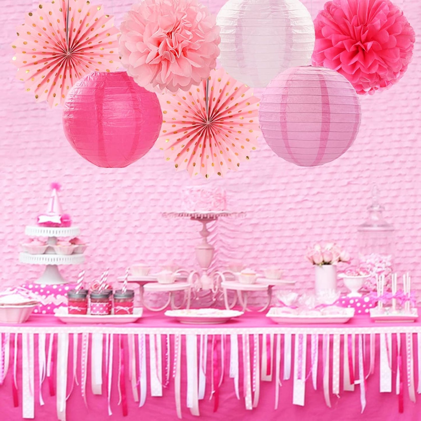 Rose Hot-Pink Party Decorations Streamers - 14pcs Girl Birthday Baby Shower Paper Lanterns Fan,Tissue Pom Poms,Honeycomb Balls,Bachelorette Bridal Wedding Engagement Supplies Decor Lasting Surprise