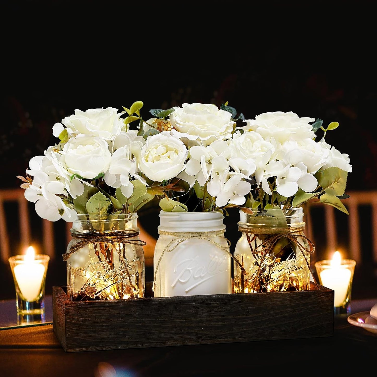 Mason Jar Lights Centerpiece for Table, Mason Jar Centerpiece Table Decor for Dining Room Farmhouse Coffee Table Decor with Wood Tray Fairy Lights Fake Peony Flowers for Kitchen Living - Ivory