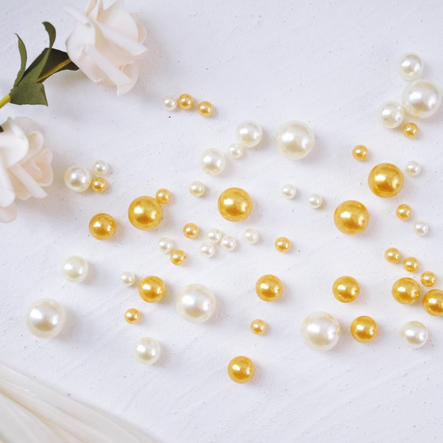 520Pcs Gold&Cream Beads for Centerpieces Decor, Artifical Pearls Vase Filler, Large Beads for Makeup Brush, No Hole Round Pearl Beads for Wedding Birthday Christmas Party Home Decor(18mm 14mm 6mm)