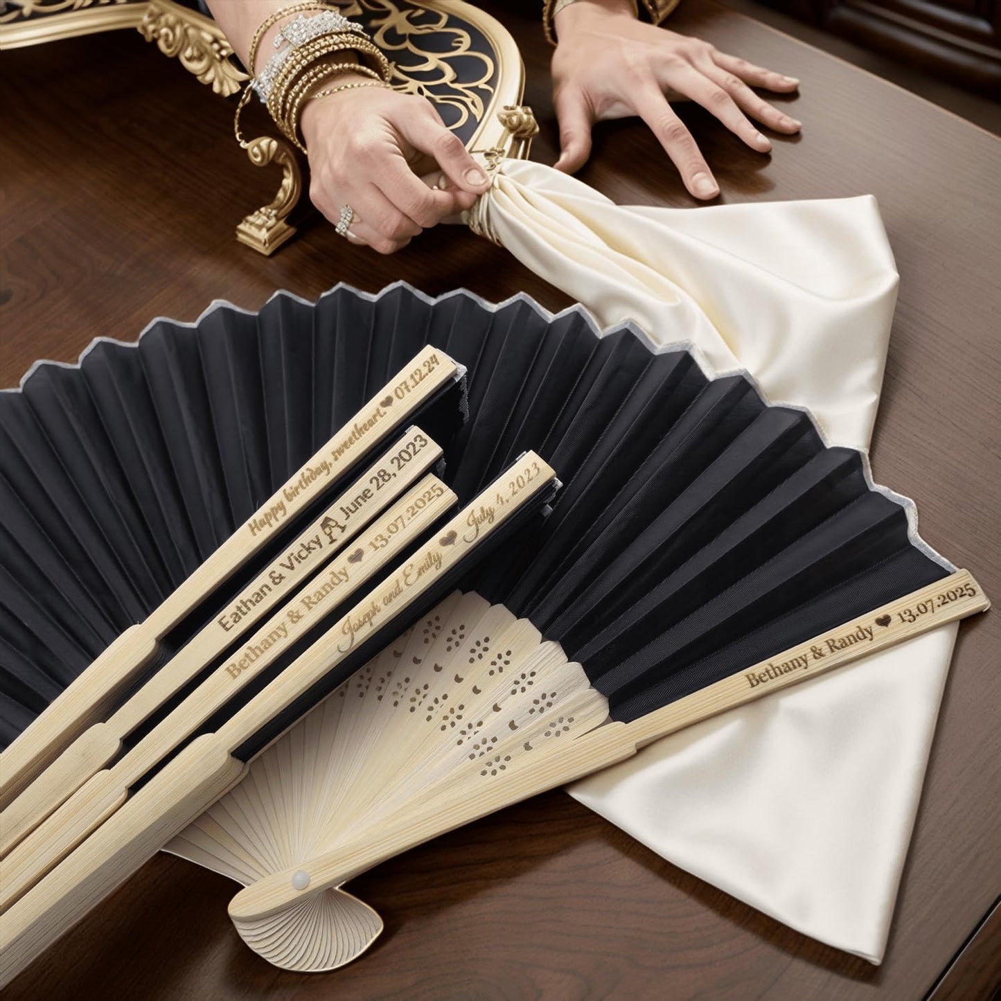 150Pcs Personalized Silk Fans Folding Hand Fan, Custom Wedding Bridal Party Favors, Summer Wedding Bride, Wedding Gift, Thank You Gift (Black)