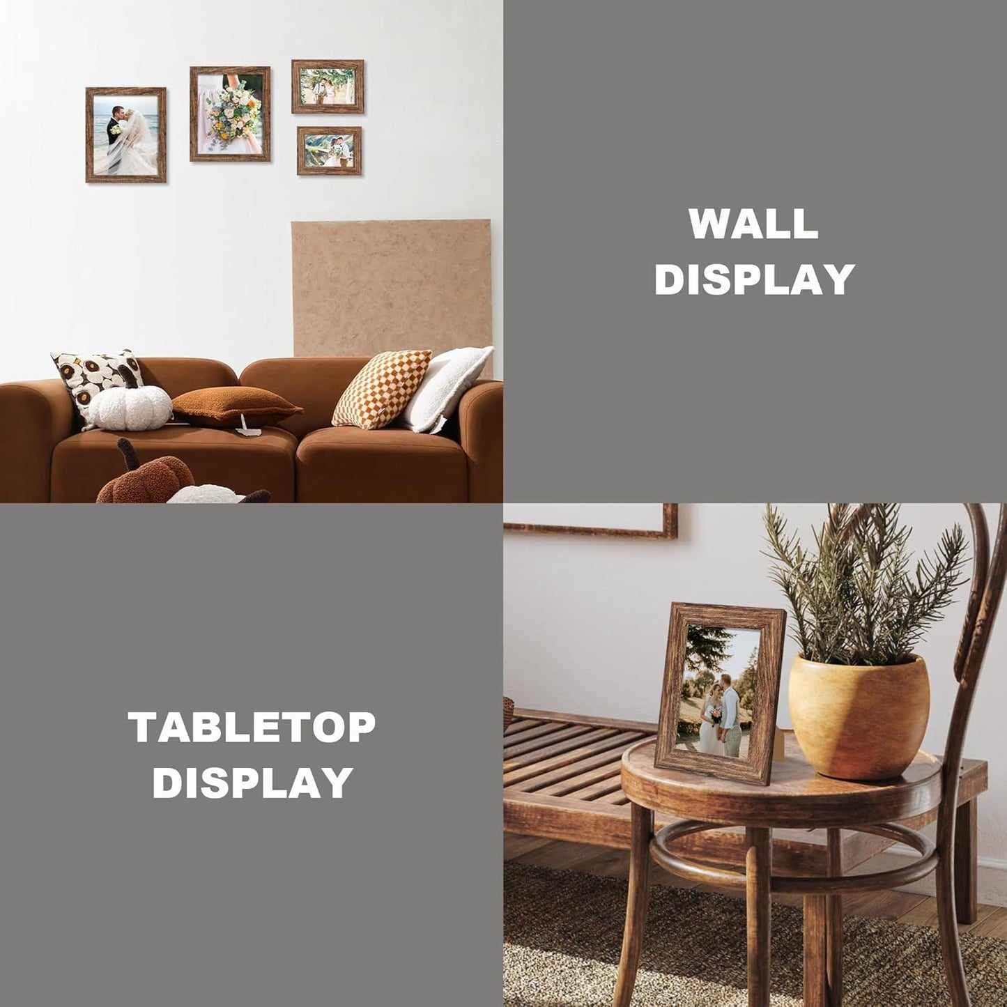 8x10 Picture Frame Set of 4, High Definition Glass Brown Frame, 8 x 10 Wood Rustic Picture Frames for Horizontal or Vertical Table Top and Wall Mounting