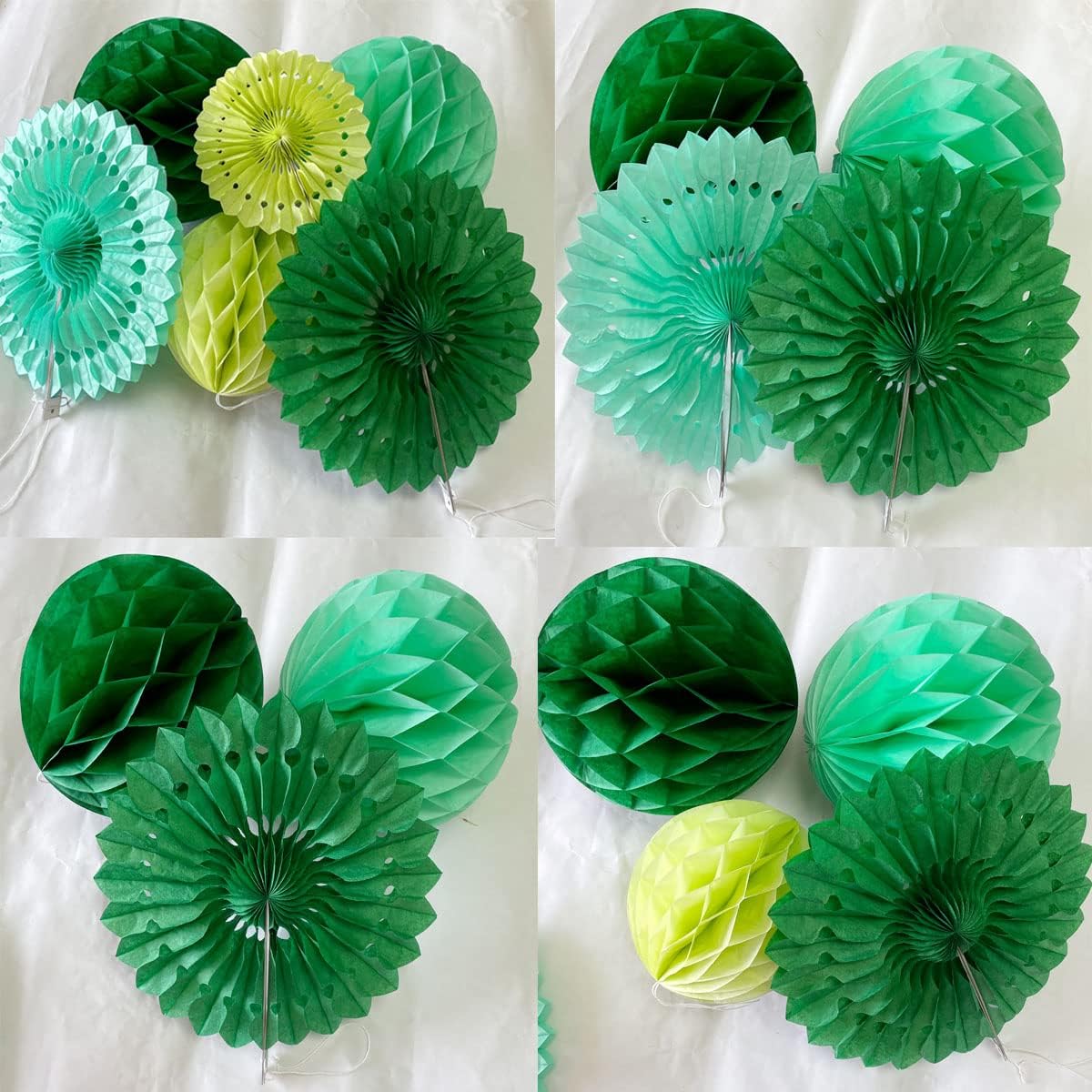 12pcs 6’’ 8’’ Honeycomb Balls Tissue Paper Fans Party Honeycomb Ball Fans Wall Decorations Tissue Pom Poms Flower Balls Hanging Paper Fans for Party Baby Shower Birthday Wedding Nursery(Green kit)