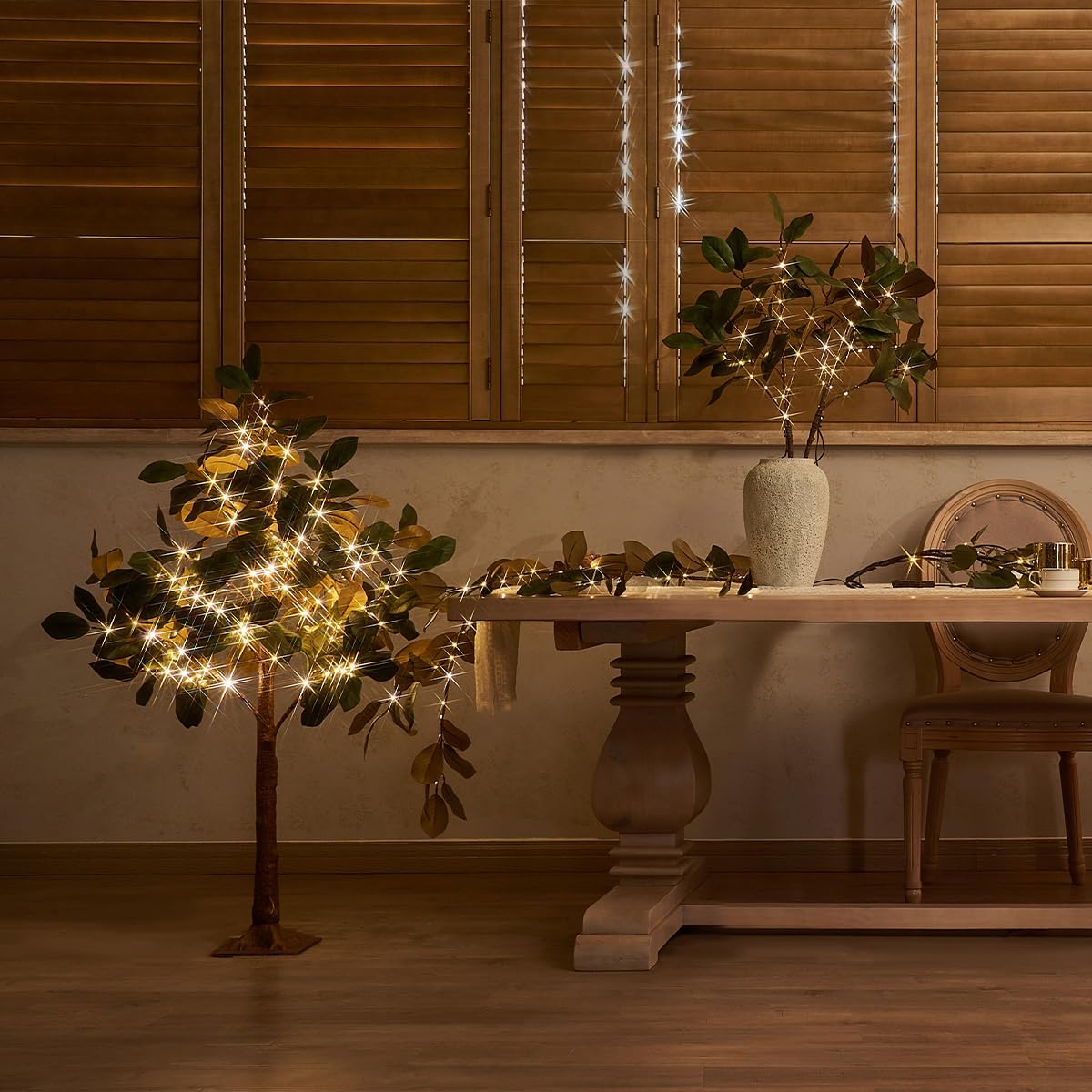 Fudios Magnolia Branches Lights with Timer 32IN 60 LED Battery Operated or USB Plug in Artificial Greenery Magnolia Stems for Spring Decor