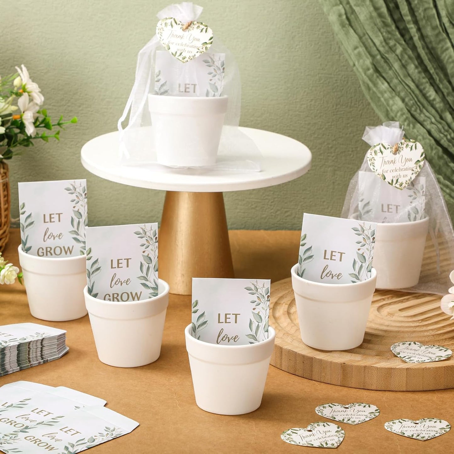 Ctosree 50 Sets Let Love Grow Wedding Favors for Guests Include Self Adhesive Seed Packets (Seed Not Include) White Flowerpot Thank You Tags and Organza Gift Bags for Bridal Shower Wedding Party Favor
