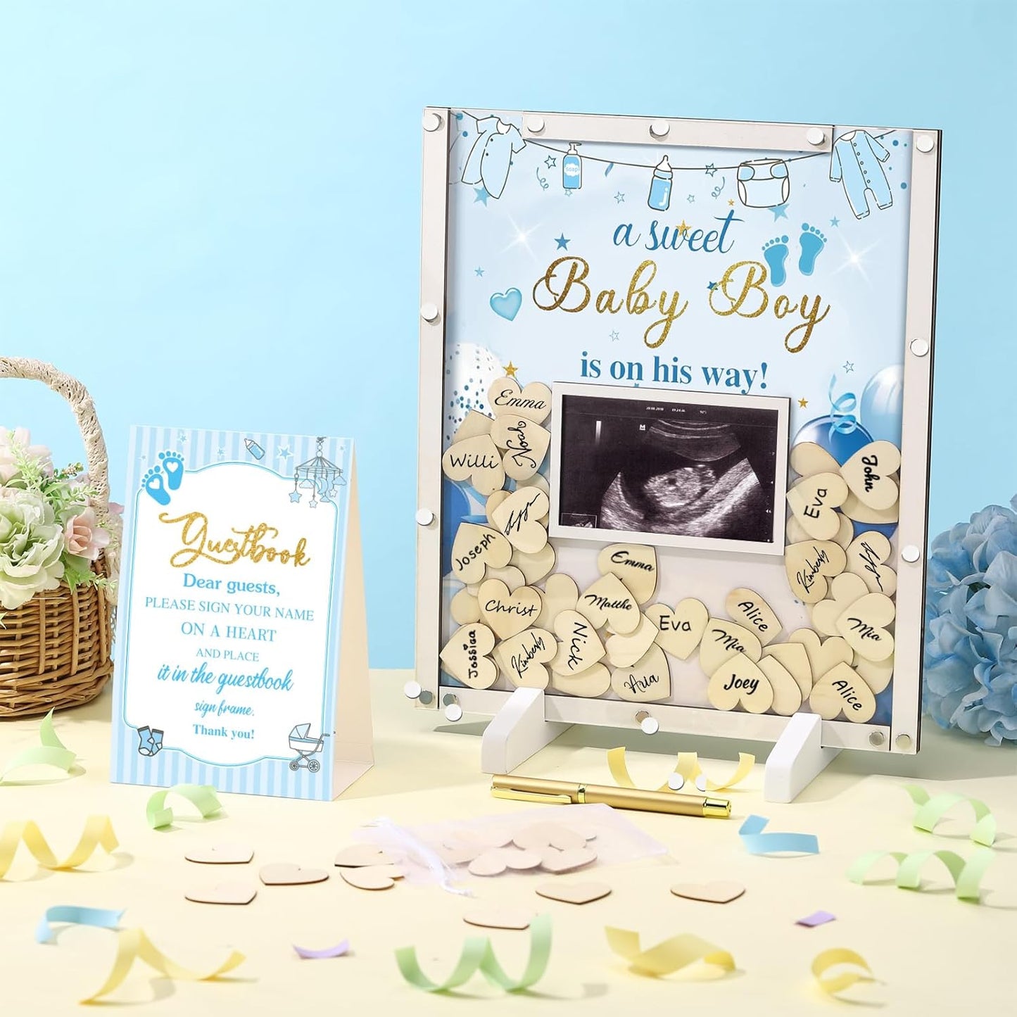 65 Pcs Blue Baby Shower Guest Book Alternatives He or She Gender Reveal Baby Shower Decorations Sign in Guest Book with Picture Frame and 60 Wooden Chip
