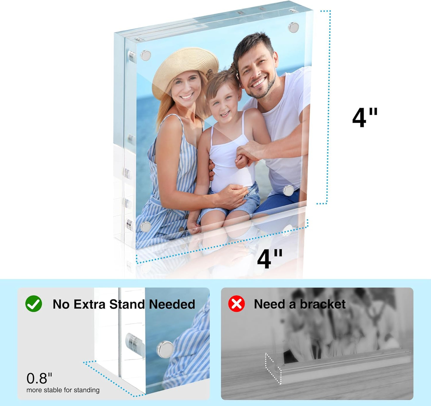 HOUSE DAY Acrylic Picture Frames 4x4, 3 Pack Magnetic 4 x 4 Picture Frame, Double Sided Clear 4x 4 Photo Frame with Microfiber Cloth, Frameless FreeStanding 4x4 Frame Gift for Desktop Display