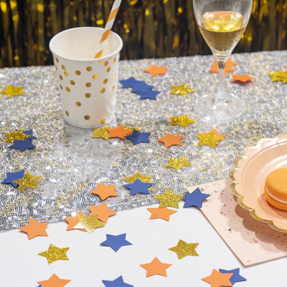 Gold Blue and Orange Star Confetti Table Decoration for Graduation Birthday Retirement Theme Party,1.2 inch in Diameter,200 Counts