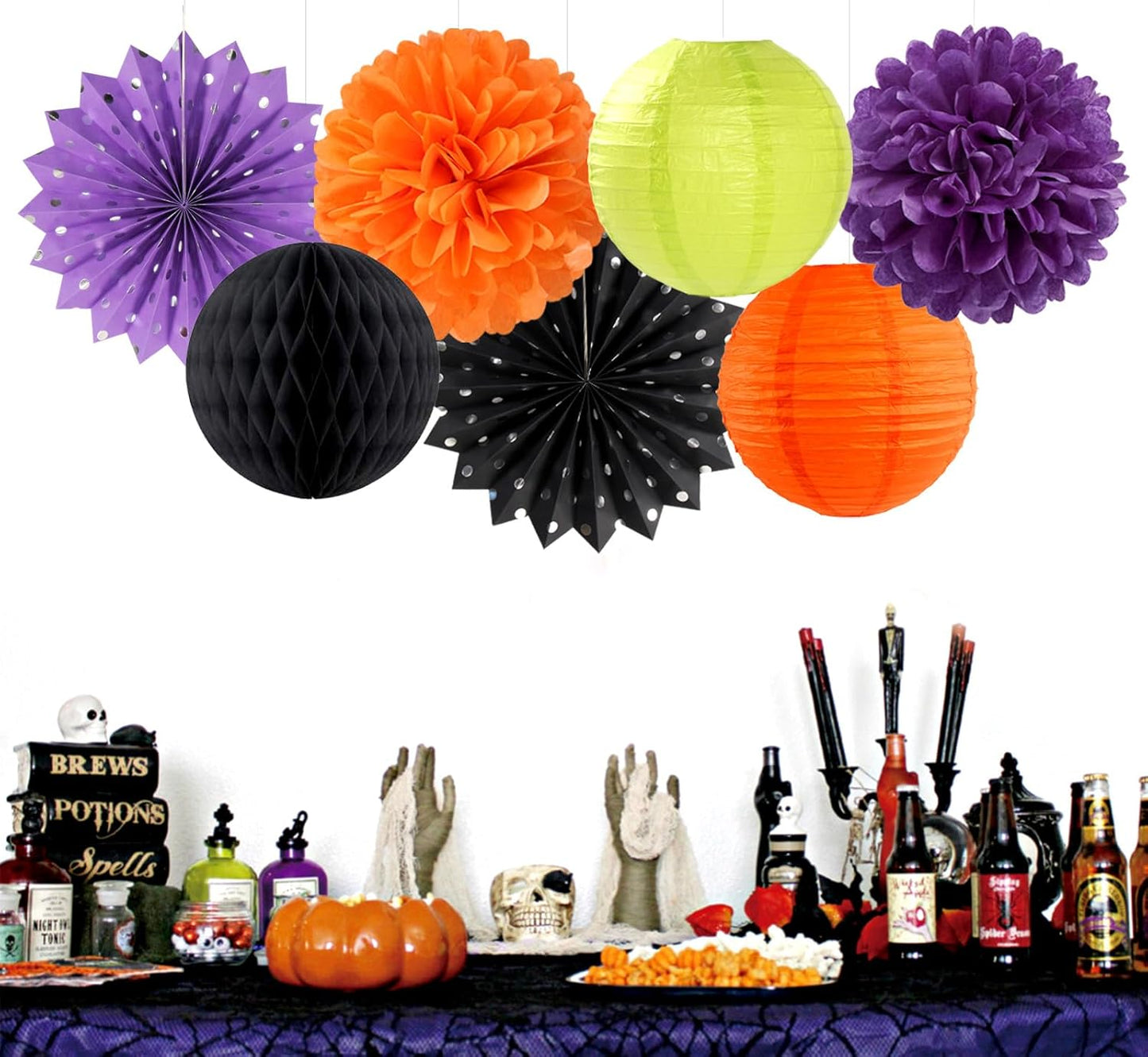 Black-Orange Purple Green Halloween Party-Decorations - 14pc Kit Paper Lanterns Fan,Tissue Flower Pom Poms Streamers,Honeycomb Balls,Birthday Supplie Wedding Baby Bridal Shower Decor Lasting Surprise