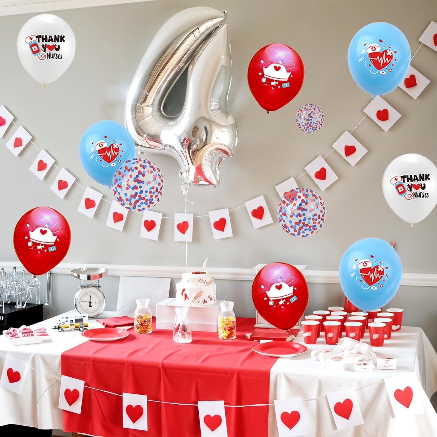 Medical Balloons, 12 Inch Blue White Red Balloons with Medical Icons for Graduation Party Nursing School Celebrations Appreciation Events Blue White Themed Decorations
