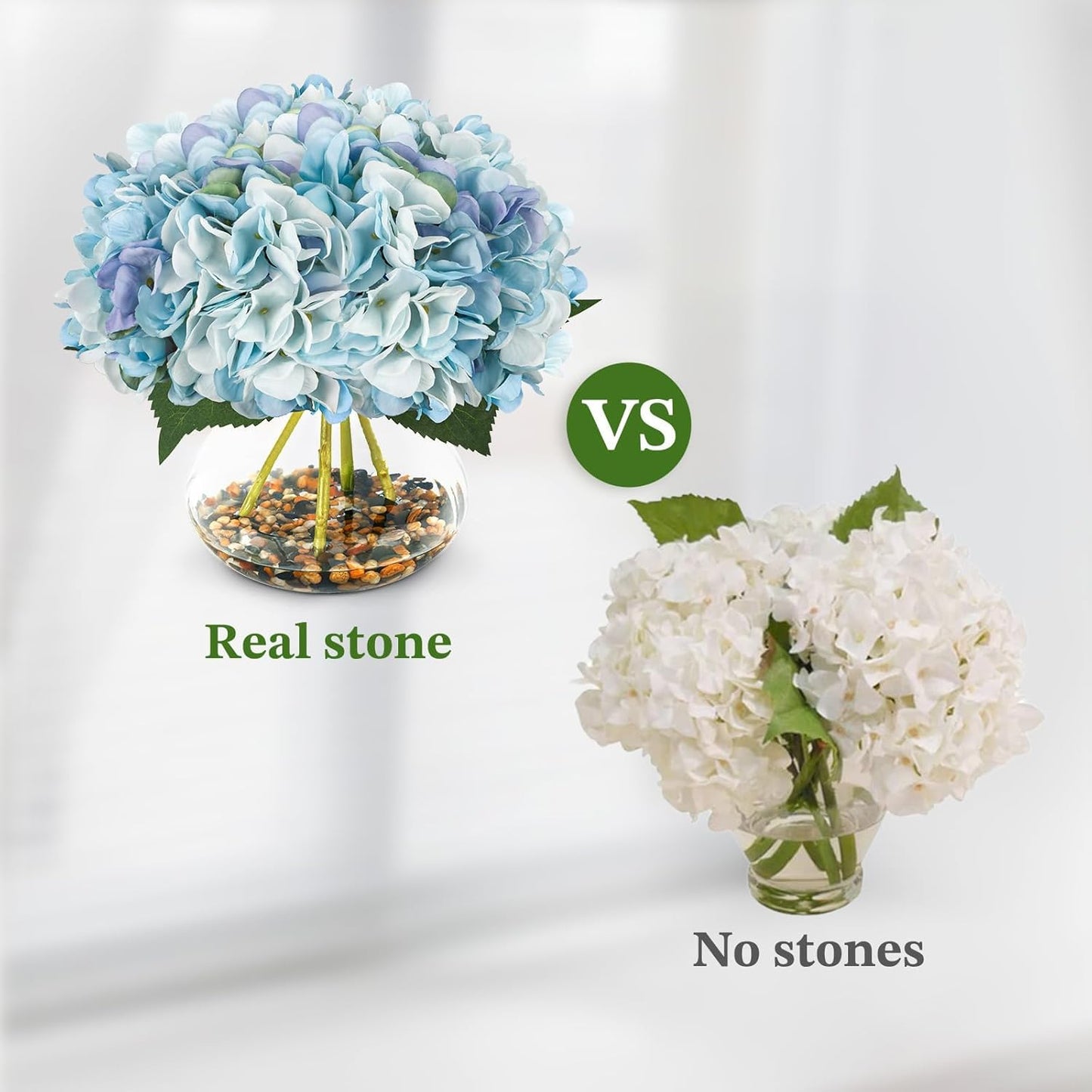 N&T NIETING Artificial Hydrangea Flowers with Vase Blue Silk Fake Flowers Faux Hydrangea Flowers with Faux Water Riverstones for Home Office Table Room Wedding Centerpiece Decorations