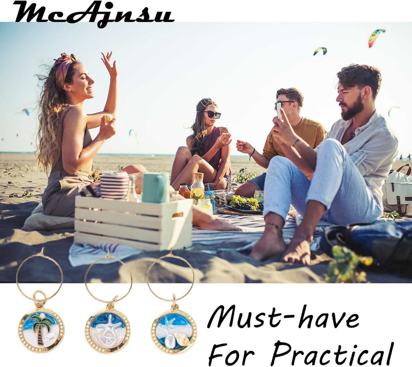 24Pcs Wine Glass Charms & Markers - Reusable Identifier Tags for Stem Glasses - Funny Non-Scratch Charms for Summer Beach, Christmas & Wine Party