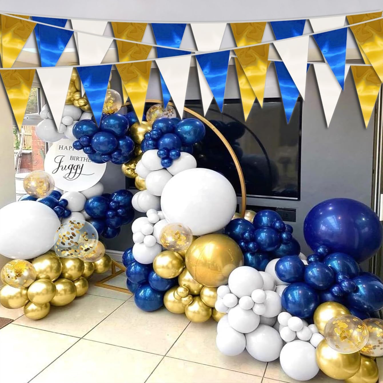 65FT Navy-Blue White Gold Triangle Pennant Banner Flag Metallic Fabric Bunting Garland for Christmas Graduation Retirement Birthday Wedding Bridal Shower Nautical Ahoy Achor Party Decorations Supplies