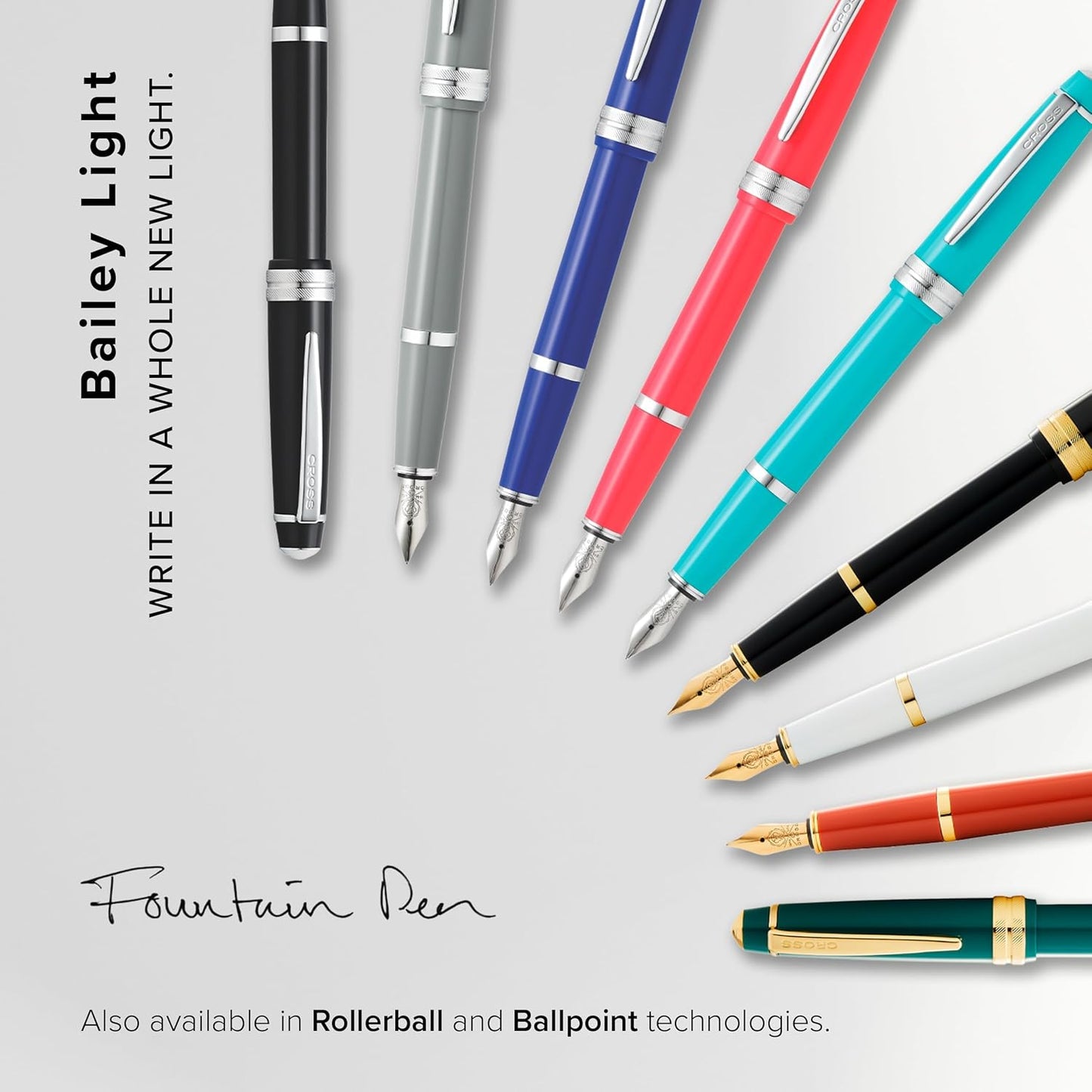 Cross Bailey Light Refillable Fountain Presented in a Everyday Gift Box - Medium Point, Black Ink, Polished Black