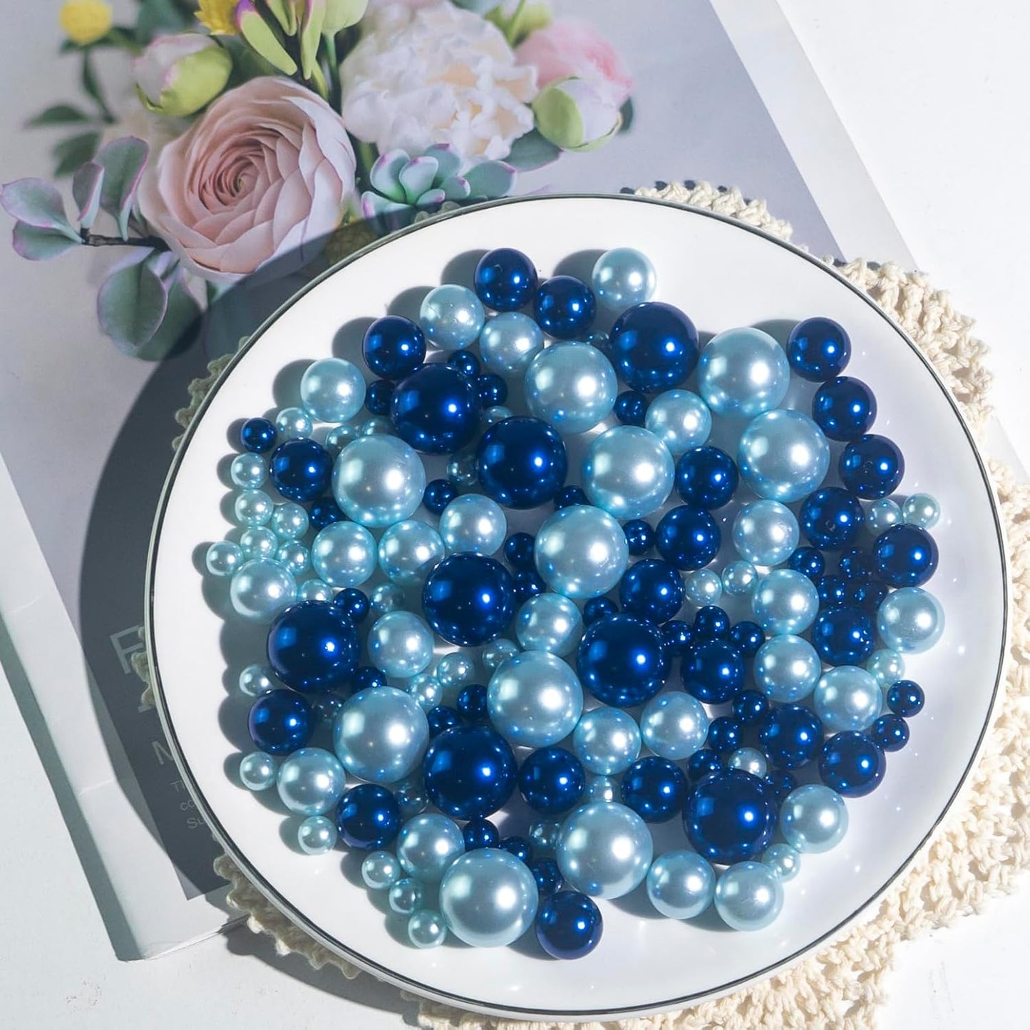 120 PCS 8/14/20mm No Hole Polish Pearl Beads for Centerpiece, Navy Blue & Light Blue Beads Decorative Vase Fillers, Plastics Pearls for Vases, Table Scatters, Wedding Party Decor