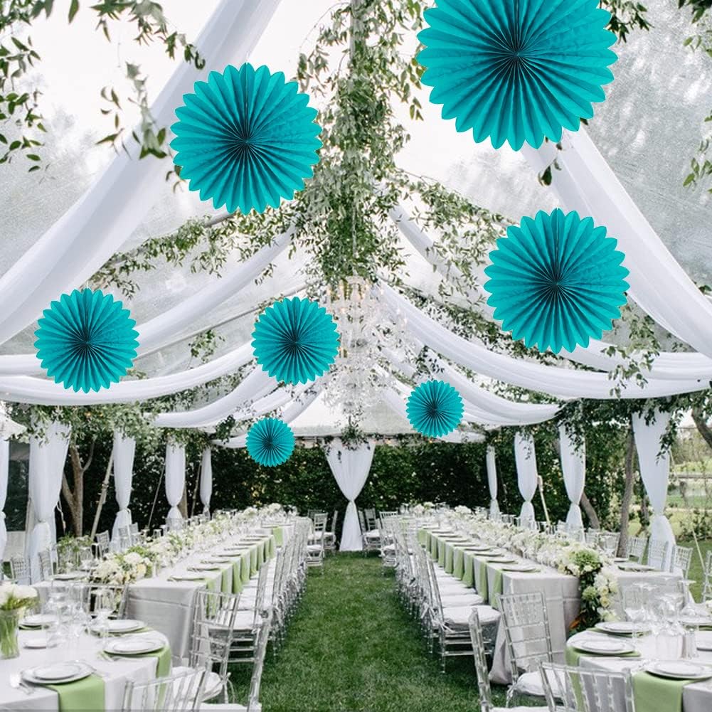 Easy Joy Teal Party Decorations Paper Fans Birthday Wedding Home Party Hanging Decoration, Set of 6 (14 Inches, Teal)