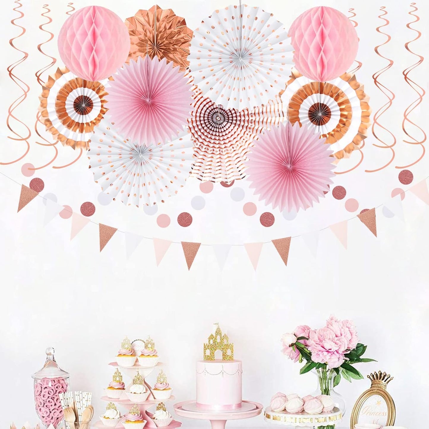 Rose-Gold Pink-White Graduation Party-Decorations - 33pcs Banner,Streamers Tassel Garland,Tissue Pom Poms Honeycomb,Paper Lantern Fan,Birthday Wedding Bridal Baby Shower Bachelorette Engagement Hugtmr