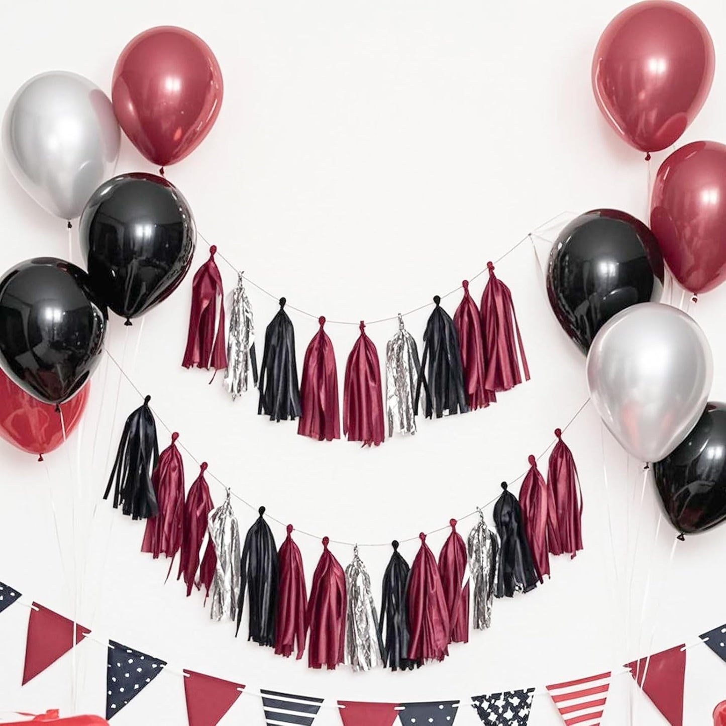 Tassel Garland Tissue Paper Tassel Banner,Tassels Party Decorations for Wedding,Birthday,Bridal/Baby Shower,Pack of 15 (Burgundy/Black/Silver)