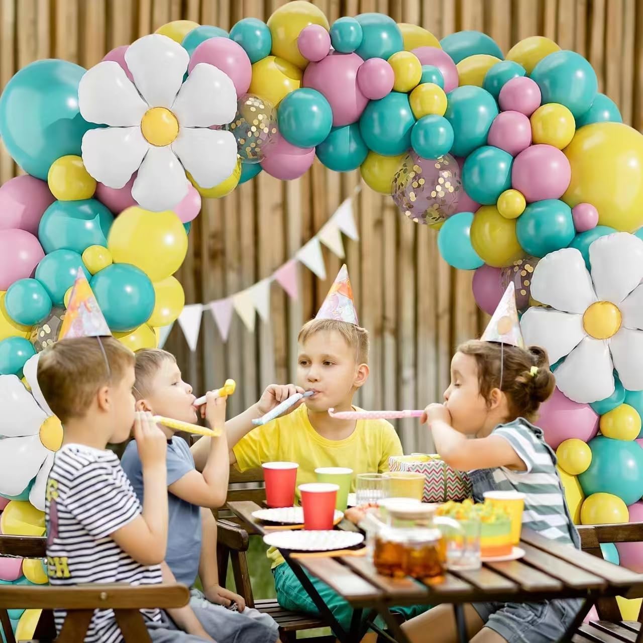 Teal Pink Yellow Daisy Garland Arch Kit, 132 Piece Blush Confetti Latex Metal Aluminum Foil Balloons for Girls Birthday Baby Shower Party Decor Supplies