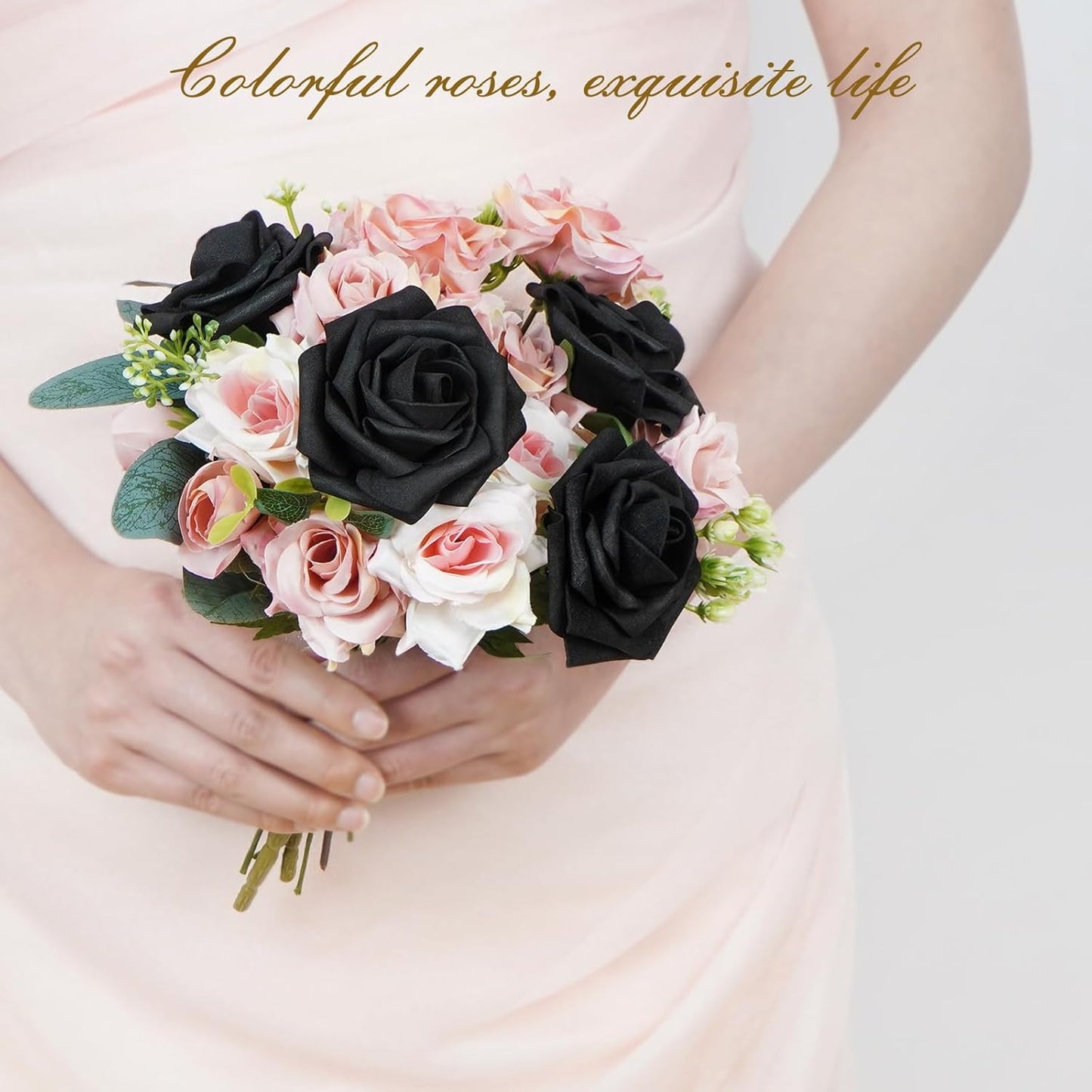 BLEUM CADE 16Pcs Artificial Flowers Fake Roses with Stems, Black Boxed Foam Roses for DIY Bouquets Centerpieces Wedding Party Arrangement Bridal Shower Decor