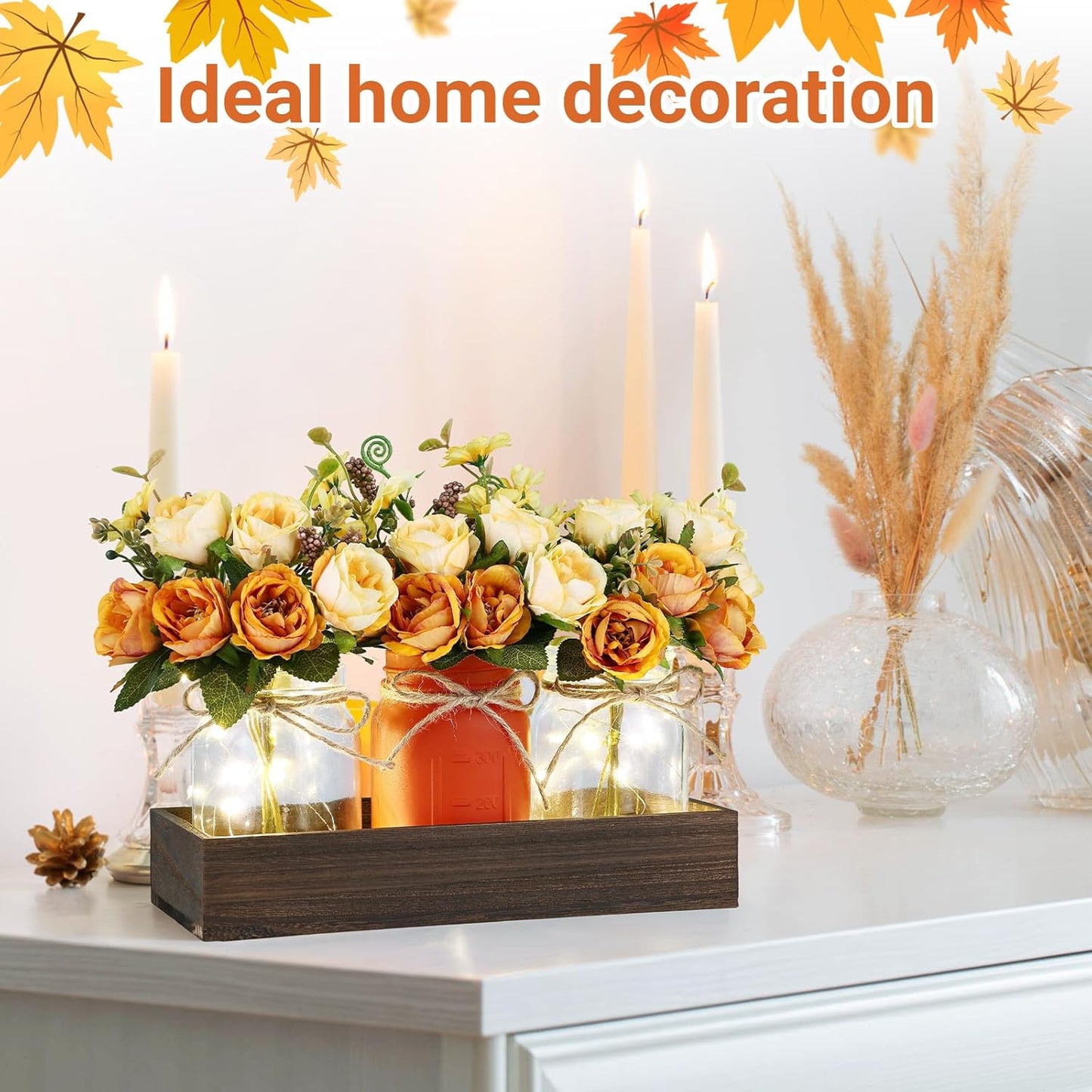 Mason Jar Lights Centerpiece Table Decorations Fall Decor for Home – 3 Jar Flowers with String Lights and Wooden Tray for Dining Room, Farmhouse Autumn Wedding, Kitchen, Living Room, Bathroom