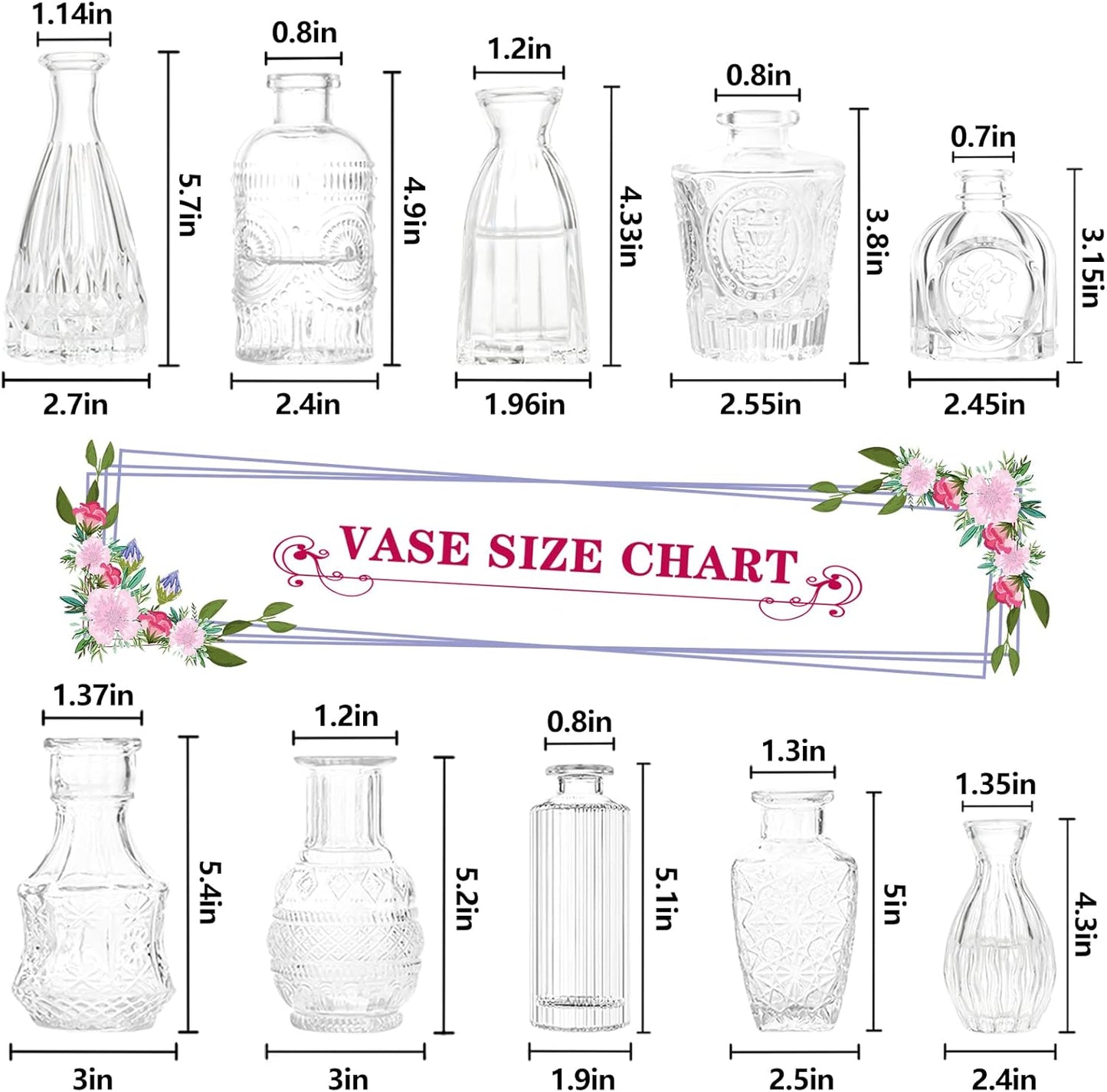 Bud Vases- Set of 10 Small Flower Glass Vases for Centerpieces, Cute Clear Crystal Bud Glass in Bulk, Mini Vintage Design for Wedding Decorations Party Table Flower Decor