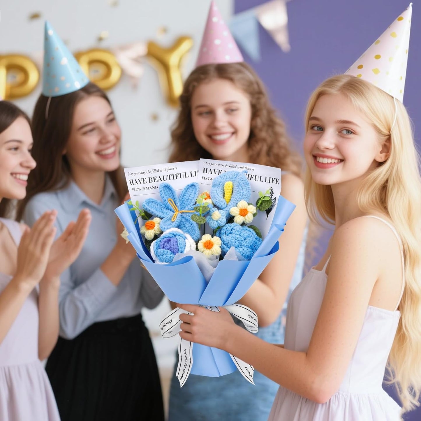 Crochet Flowers Bouquet, Handmade Crochet Flowers Knitted Bouquet, Tulips Flower Bouquet and Calla Lily for Birthday, Teacher’s Day, Graduation, Valentines (Blue)