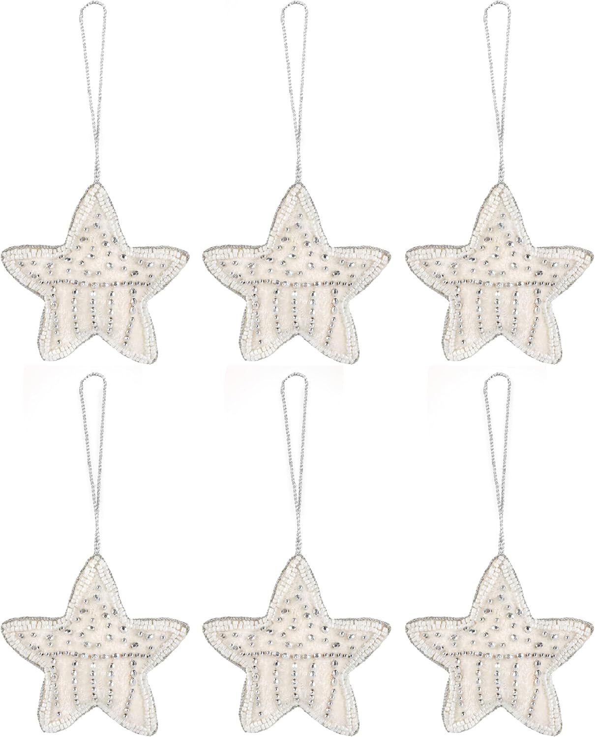 Beaded Star Hanging Ornaments with Twine - Beaded Decorative Ornaments Set of 6 for Tabletop Decoration, Bookshelf, Desk, Nightstand, Home, Office, Desktop, Cabinets, Shelf (White) - CLEENTABLE