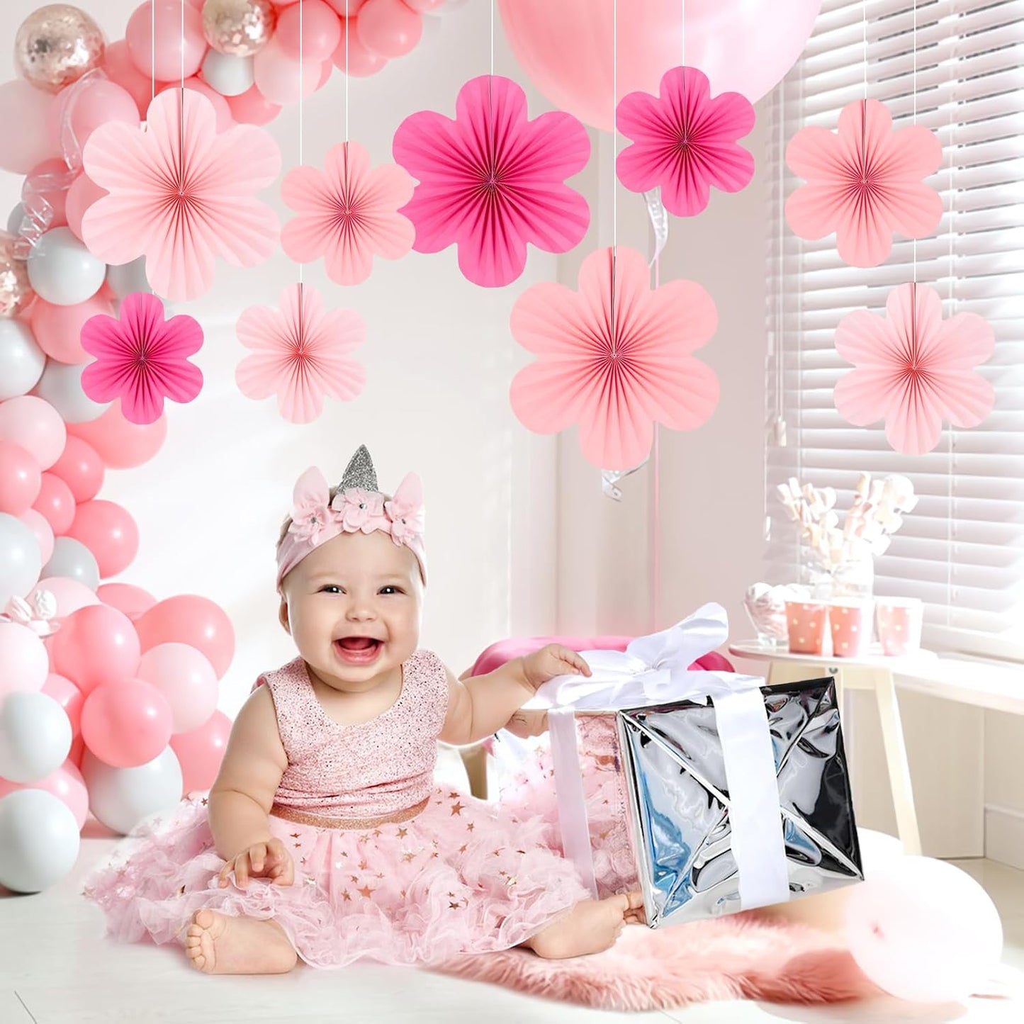 Easy Joy Hot Pink Paper Flowers Decorations for Wall Pink Paper Fans Classroom Decoration Paper Floral Backdrop Decor Paper Fans Decoration Hanging Paper Fans Pink Flower Wall Decor, Set of 9