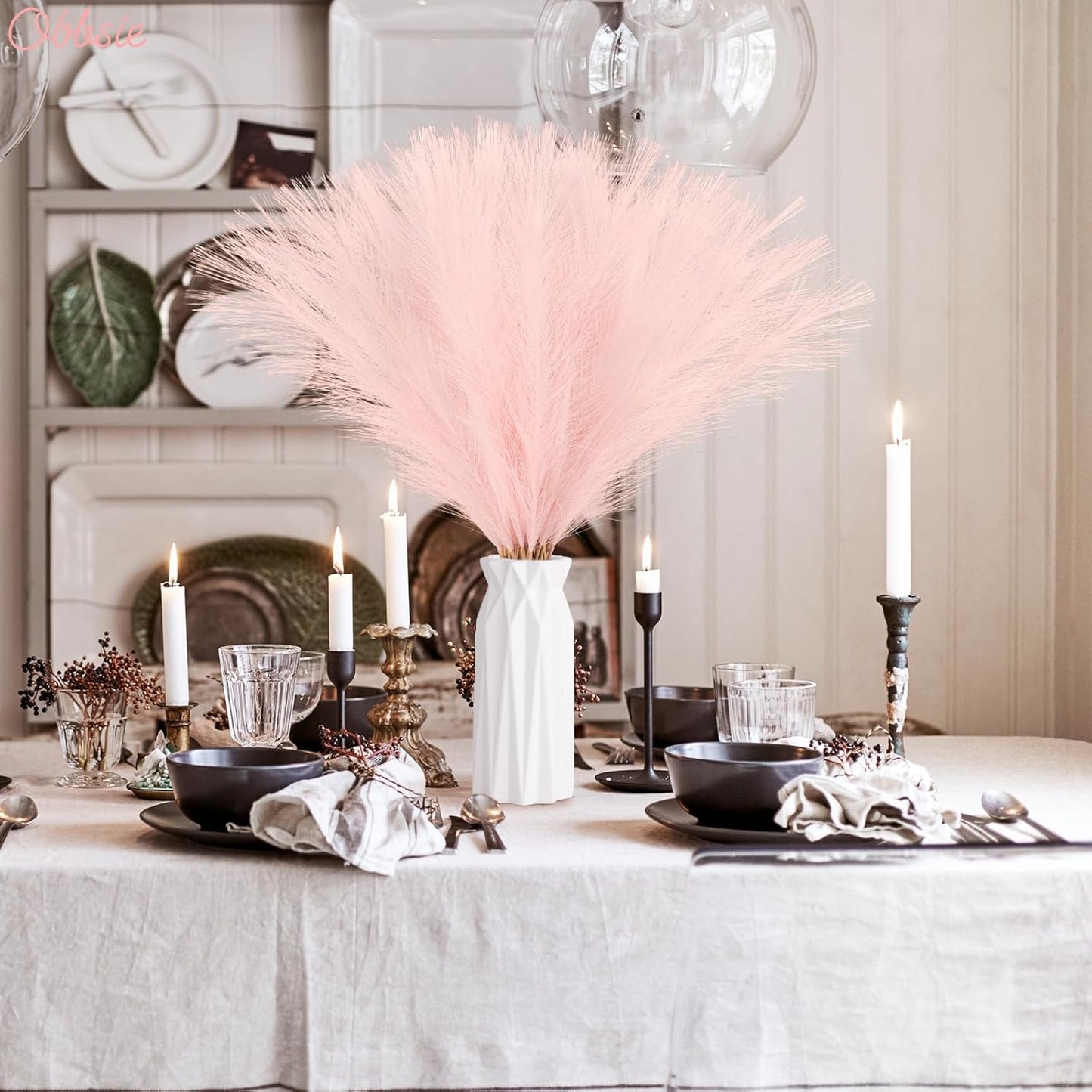 50pcs Pink Faux Pampas Grass Decor, 21.6" Short Artificial Pompous Grass Floral Fake Pompas Grass Branches Vase Filler Flower Arrangement for Home Wedding Boho Decor