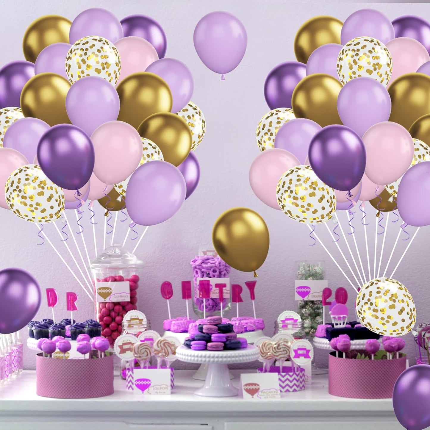 Pink and Purple Balloons, 60Pcs Pastel 12 Inch Metallic Gold Confetti Latex Balloons for Girls Birthday Baby Shower Bridal Butterfly Party Decorations