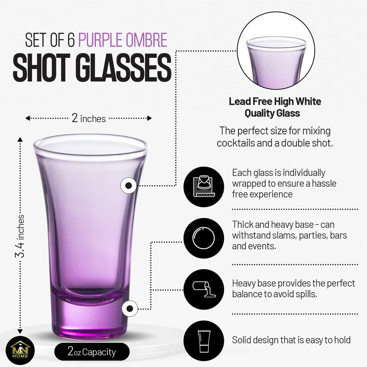 M&N HOME Purple Ombre Shot Glasses, 2 Oz Set of 6 Colored Shot Glasses, Whiskey Glasses, Tequila, Cocktail Glasses, Vodka Glasses, Spirits & Liquors (Gradient Purple)