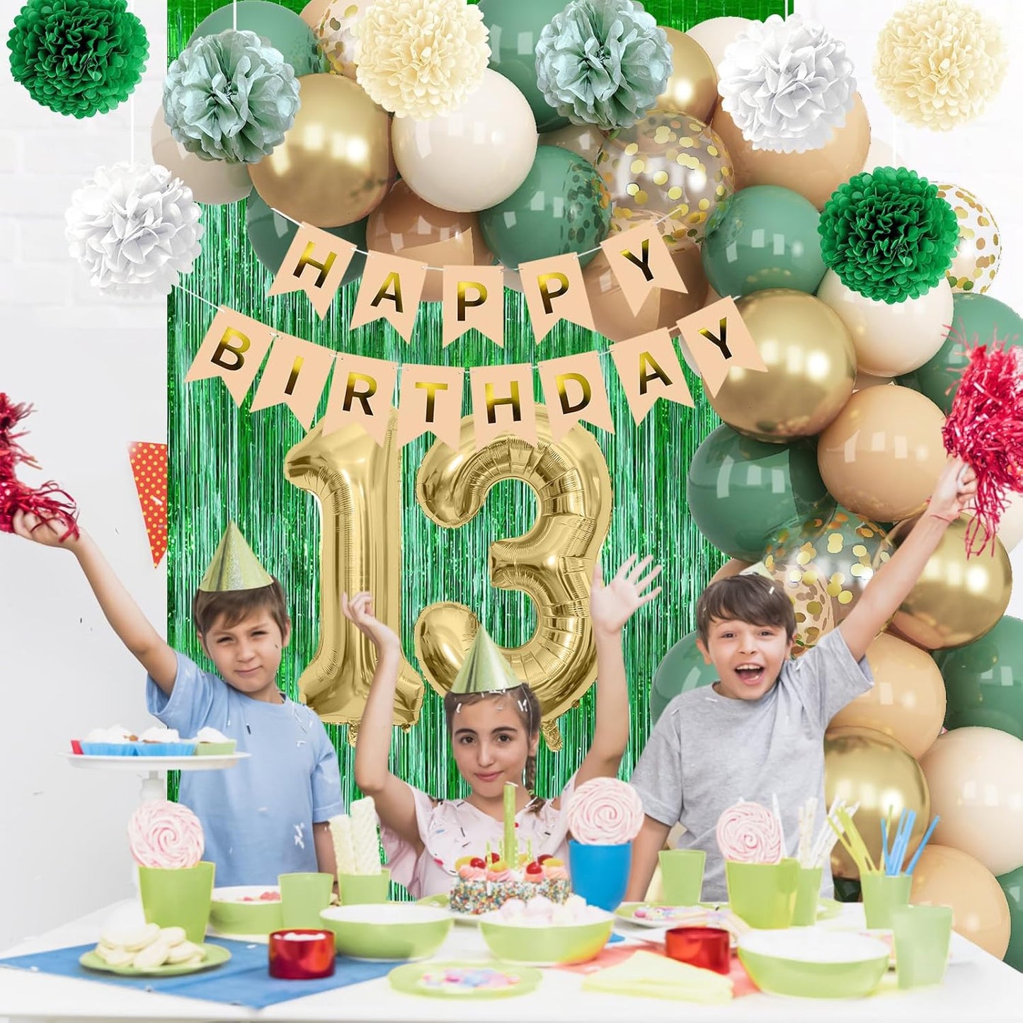 Sage Green 13th Birthday Decorations for Boys Girls Gold Number 13 Balloon Nude Gold Happy Birthday Banner Fringe Curtain Paper Pom Poms Olive Green Cream White Sand Star Foil Balloons Party Decor