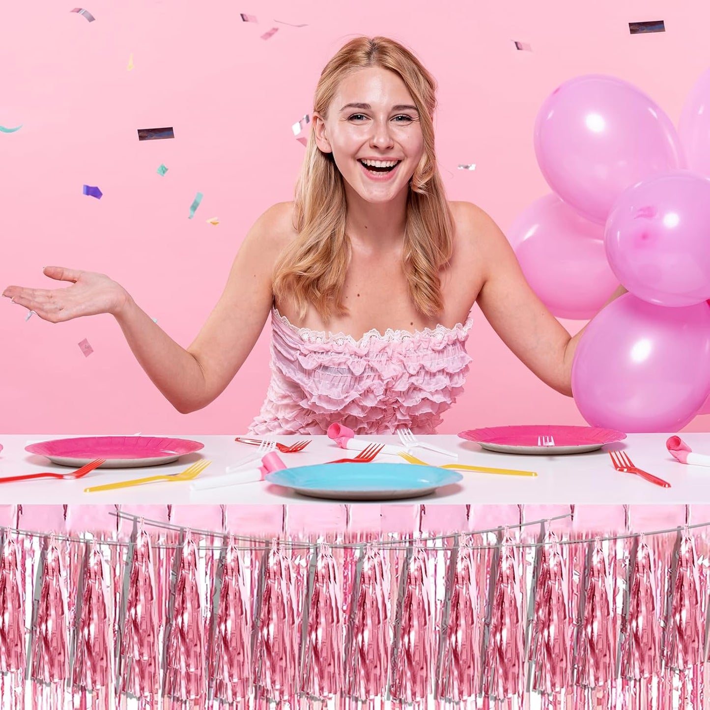 8P Light Pink Foil Fringe Metallic Tassel Streamers Banner Tassel Garland for Parade Floats, Bachelorette, Wedding, Birthday, Halloween, Christmas, Bridal/Baby Shower Party Decorations