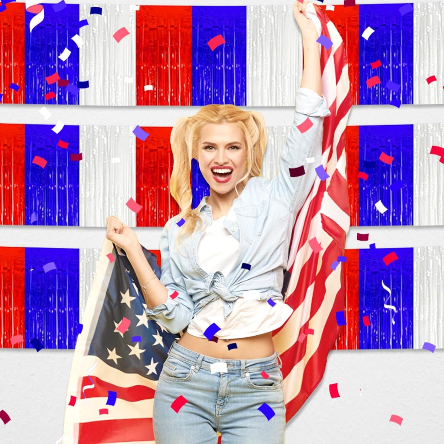 4 Pack 10 Feet White Blue Red Foil Fringe Garland Metallic Tinsel Streamers Banner Wall Hanging Curtain Backdrop for Parade Floats, Wedding, Graduate, Mother's Day, Birthday Party Decoration