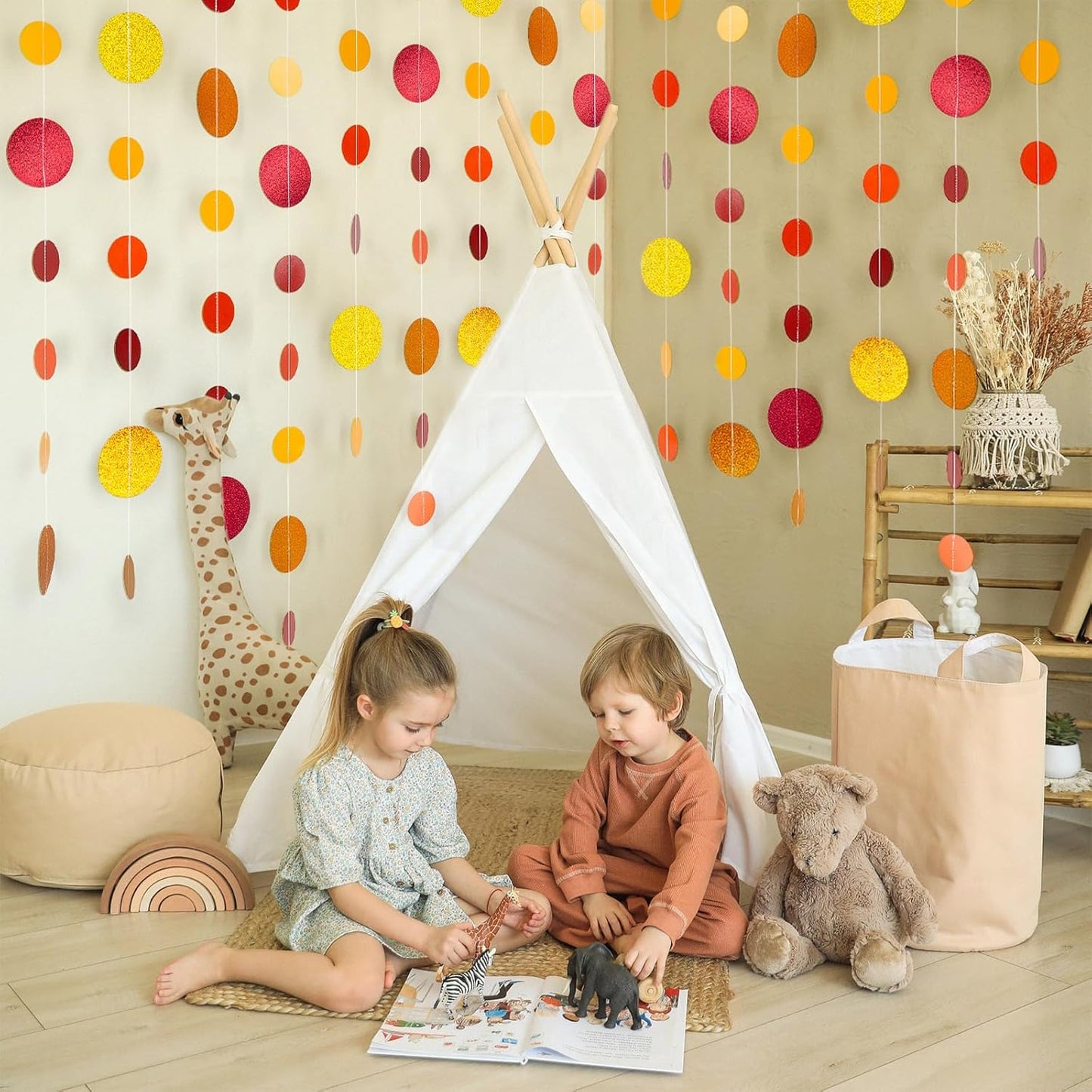 8 Pack Orange Red Glitter Dot Garland, Hanging Circle Streamers Banner, Backdrop Hanging Decorations for Fall Parties, Thanksgiving, Autumn Weddings, Baby Showers and Festive Holiday Decorations