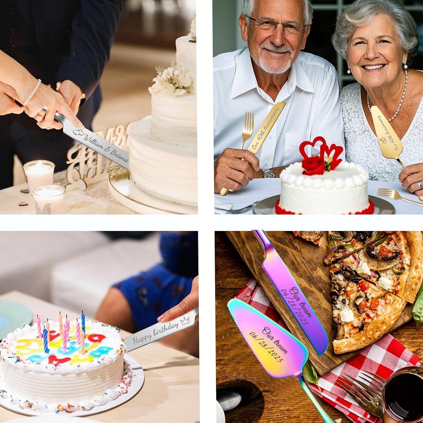 Personalized Wedding Cake Knife and Server Set, Custom Names Cake Cutting Set with Stainless Steel Forks, Customized Bridal Anniversary Birthday Wedding Registry Gifts for Couple (Gold)