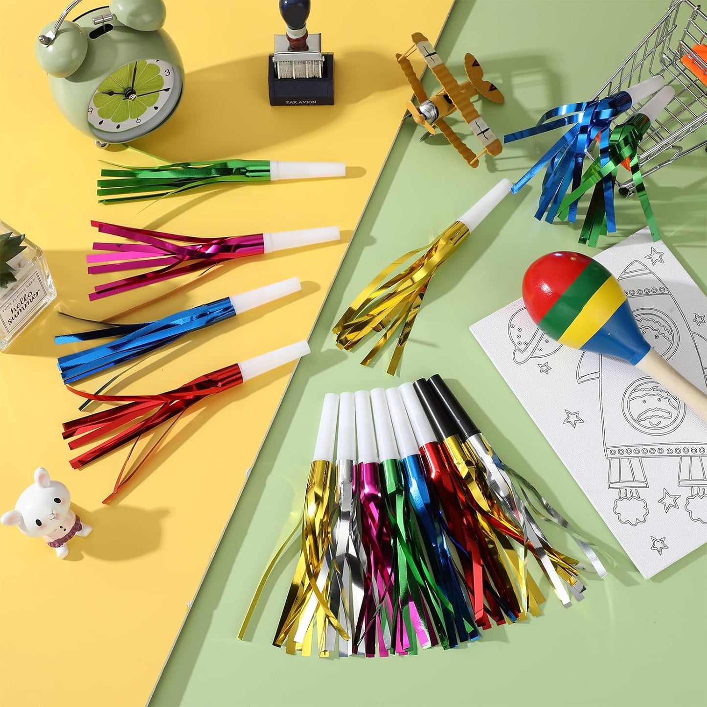 24 Pcs Silver Noise Makers Glitter Metallic Fringed Noise Makers Horns for Baby Shower, Kids Birthday, New Year Party Favor