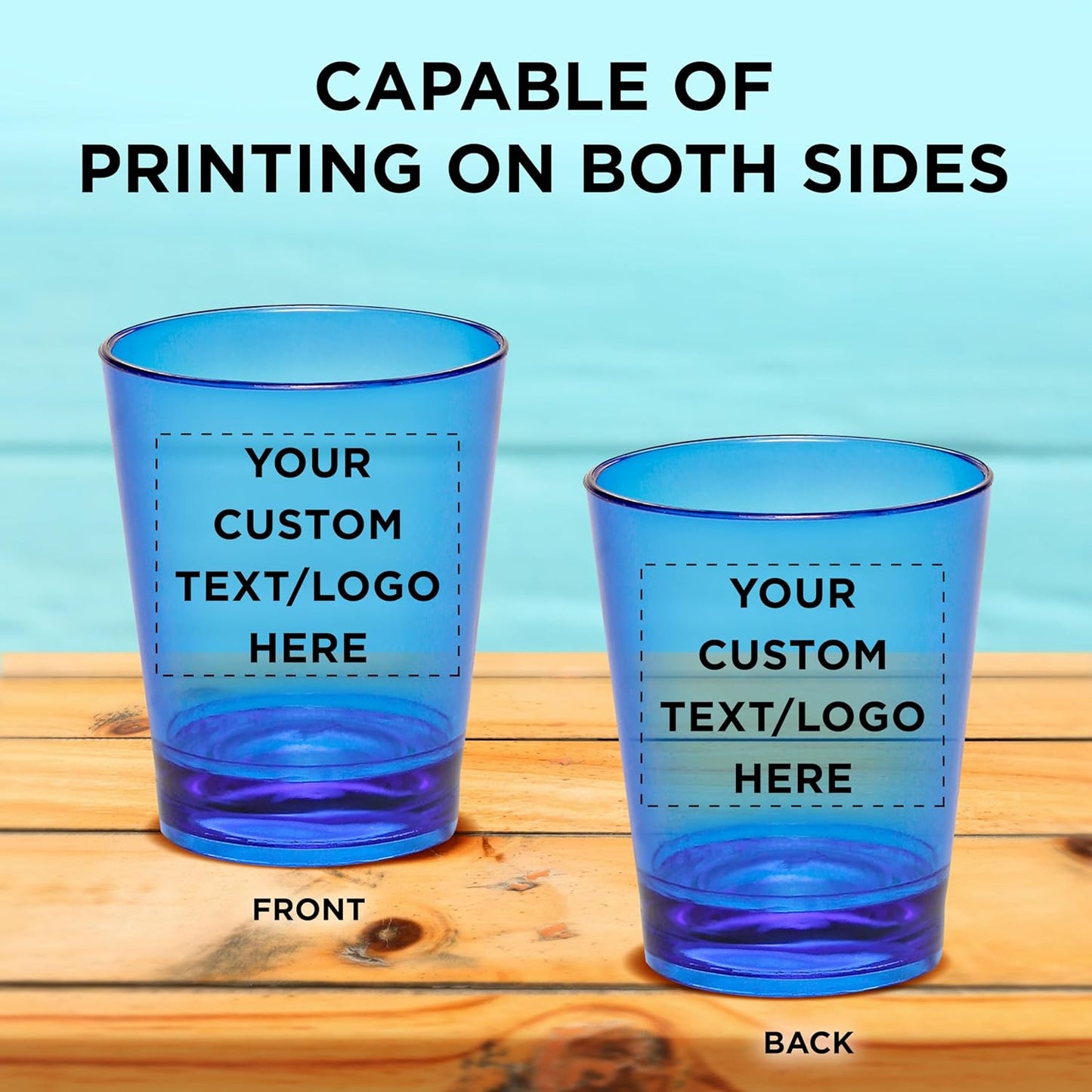 Custom Translucent Plastic Shot Glasses 1.5 oz. Set of 100, Personalized Bulk Pack - Acrylic, Great for Wedding, Party, Birthday, Gifts - Blue