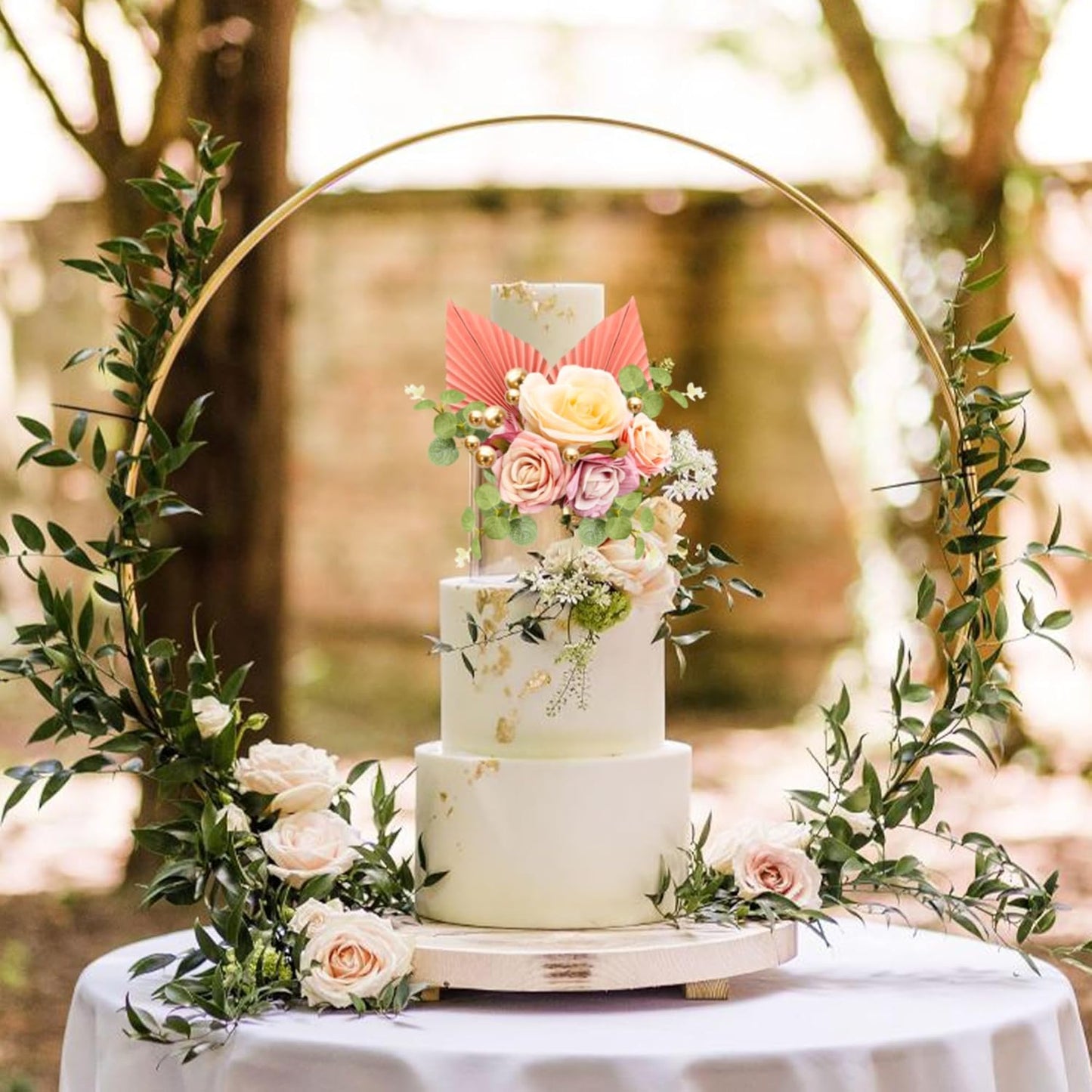 Gyufise 22Pcs Rose Artificial Flower Leaves Cake Topper Decorations Gold Balloon Cake Toppers Leaf Paper Palm Fan Cake Picks for DIY Wedding Birthday Valentine's Day Party Decorations Supplies Pink