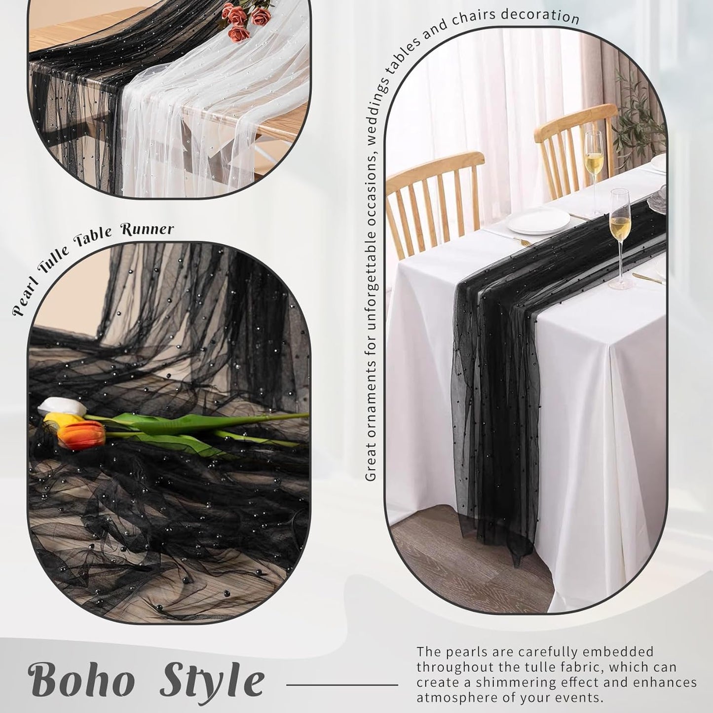 Set of 6 Pearl Table Runner 29 x 120 Inch Tulle Fabric Lace Table Runners Boho Rustic Tablecloth for Bridal Shower Birthday Party Wedding Arch Aisle Veil Dessert Table Decor(Black)