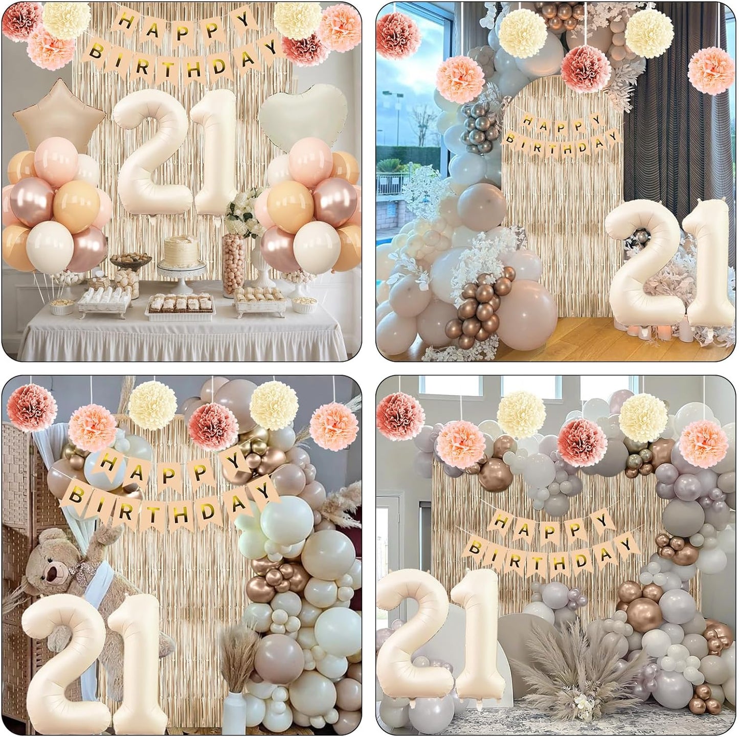 Beige 21st Birthday Decorations for Her Cream Number 21 Balloon Nude Gold Happy Birthday Banner Fringe Curtain Paper Pom Poms Blush White Sand Champagne Star Foil Balloons Neutral Boho Party Decor