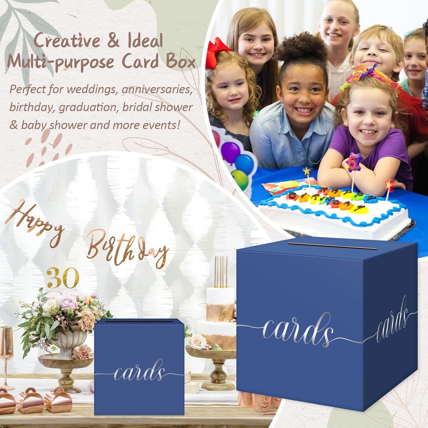 QIKSION Navy Blue Graduation Card Box, Silver Foil Gift Card Box for Graduation, Party, Wedding Reception, Birthday, Baby Shower, Raffle