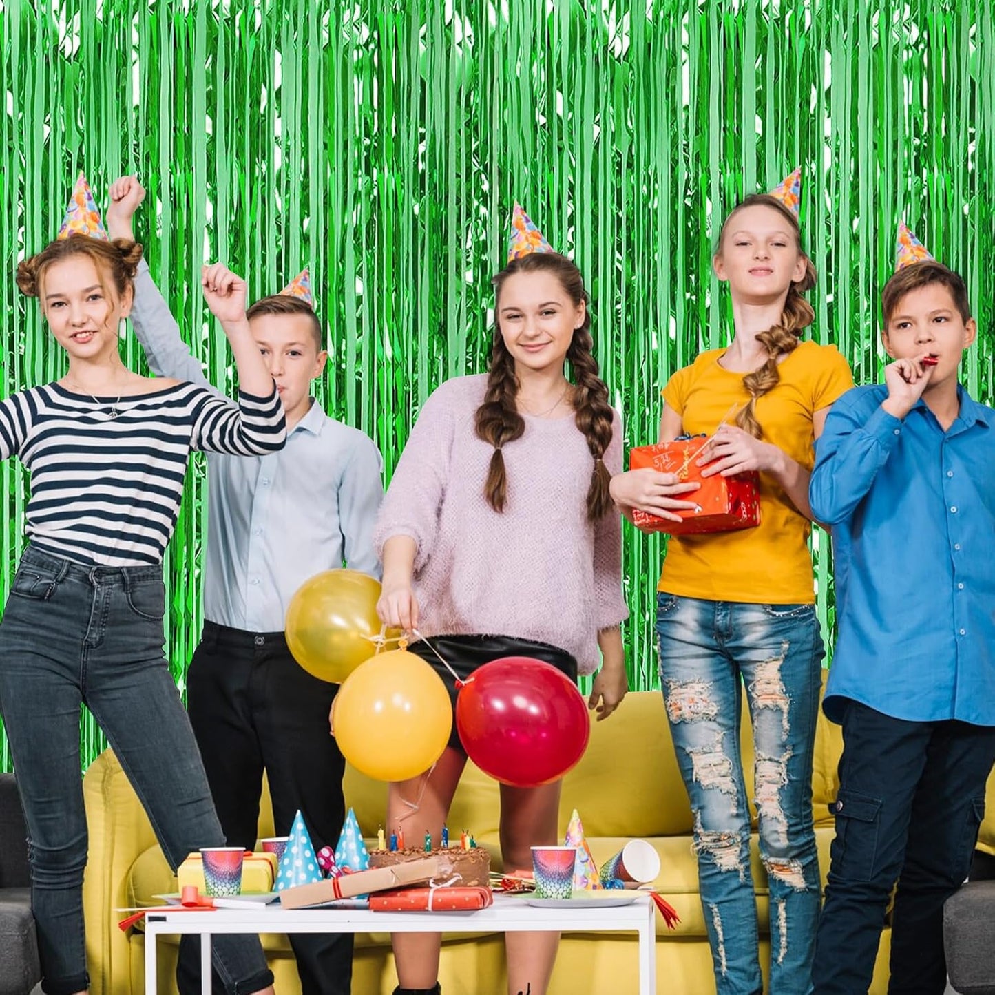 Green Fringe Curtain Party Streamers, 12 Pack 3.3ft x 8.2 ft Foil Curtain Backdrop Tinsel Foil Fringe Curtains Photo Booth Backdrop Streamer for Birthday, Wedding, Baby Shower, Disco Party