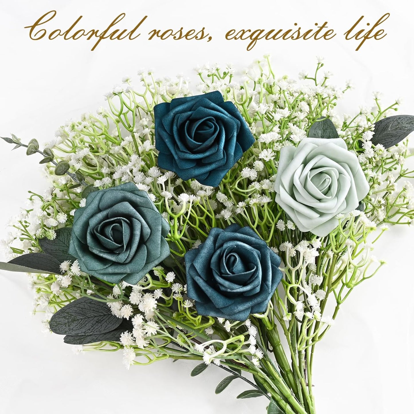 BLEUM CADE 36Pcs Artificial Flowers Fake Roses with Stems, Gradient Misty Blue Boxed Foam Roses for DIY Bouquets Centerpieces Wedding Party Arrangement Bridal Shower Decor