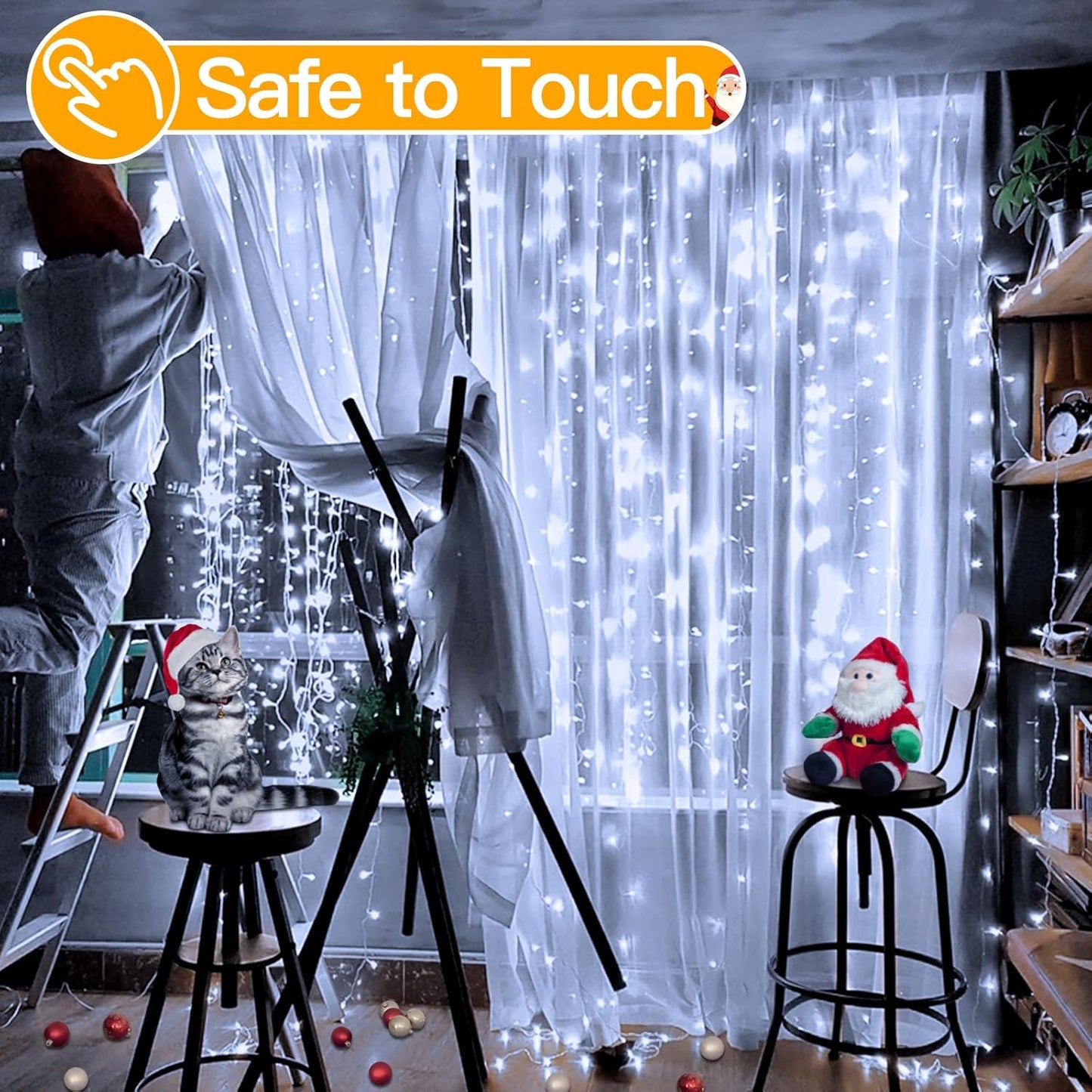 Ollny 300 LED 9.8ftx9.8ft Outdoor Waterproof Christmas Curtain Lights with Remote Timer 8 Modes, USB Powered, Cool White