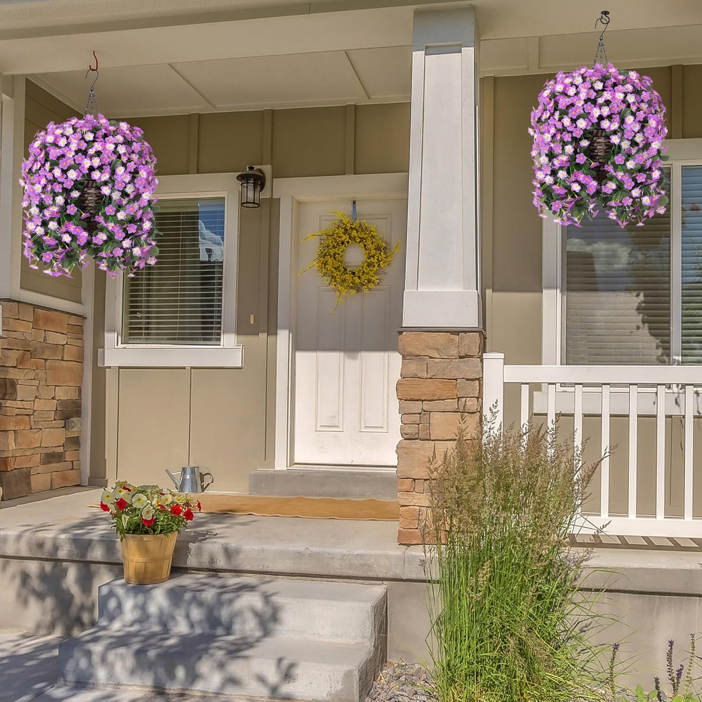 Artificial Fake Hanging Flowers with Basket for Outdoor Decoration,UV Resistant Faux Silk Light Fuchsia and Fuchsia Orchid Flowers Vines in Planter Realistic Hanging Baskets for Home Porch Garden