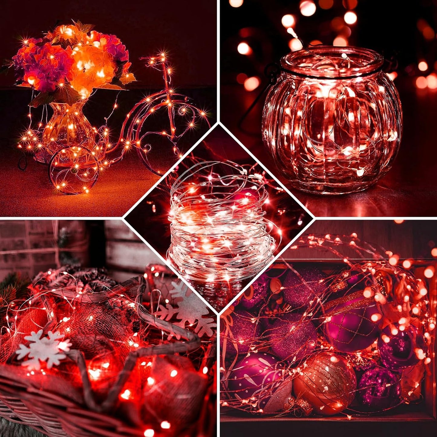 50 Pack Red Fairy Lights 7Ft 20 LED Twinkle String Lights 3 Modes Battery Operated Waterproof Firefly Starry for Mason Jar Party Wedding Christmas Valentines Day Table Centerpieces